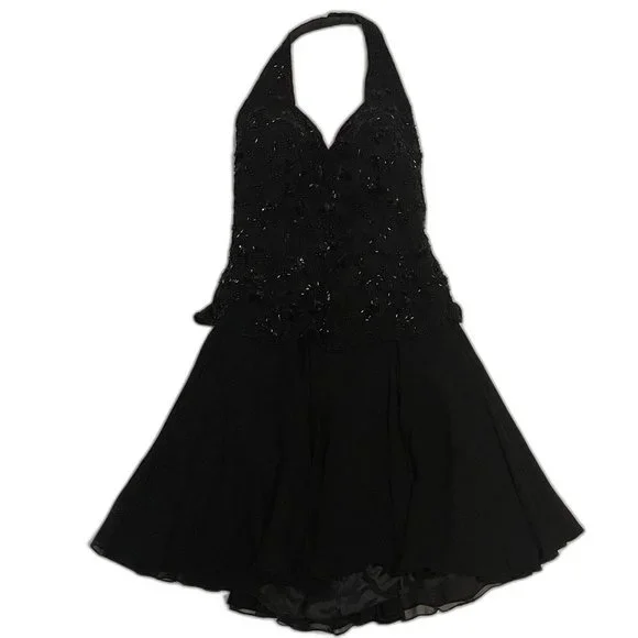 Oleg Cassini | Dresses | Oleg Cassini Black Tie Beaded Silk Halter Dress  Size 8 | Poshmark
